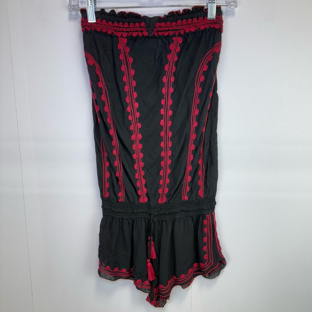 Poupette st. Barth tassel pom pom‎ Embroidered romper Strapless black Red size 1